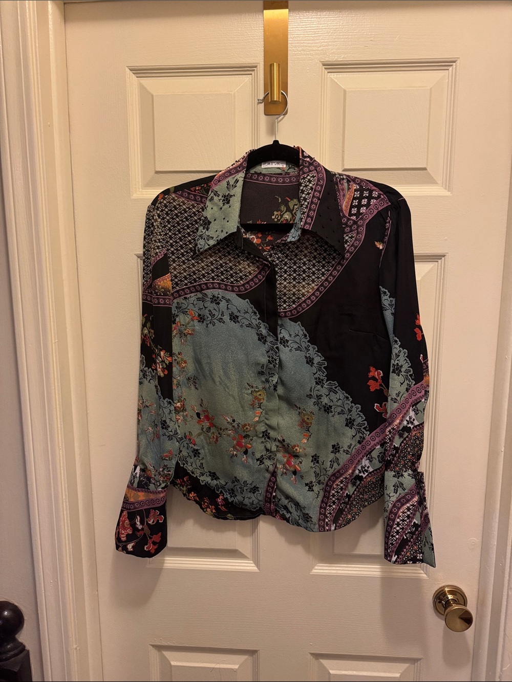 JAIPUR Women’s Patchwork Floral Button-Up Shirt Jacket in Black and Sage